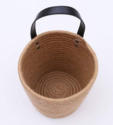 2 Pack Wall Hanging Storage Baskets Jute 17 x 20 cm| Small Woven Rope Closet Organizer Décor w/Black Leather Handle Open Storage Bins for Flower Plants/Garage/Shelf/Outdoor/Bathroom