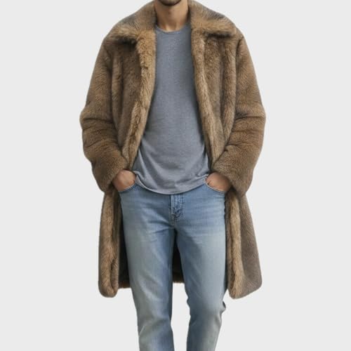 Image of Lisa Colly Men's Faux Fur Coat Winter Parka Overcoat | Men's Faux Fur Jacket, Winter Faux Fur Long Coat, Long Sleeve Fluffy Overcoat