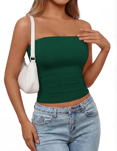 PRETTYGARDEN Womens Tube Top 2026 Summer Going Out Tops Strapless Y2K Bandeau Spring Fitted Shirts Beach Vacation Clothes (Dark Green Medium)