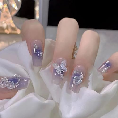 Hkanlre Press on Nails Purple Medium Fake Nails Tips Full Cover Gradient  Coffin Butterfly Nails for Women and Girls 24PCS