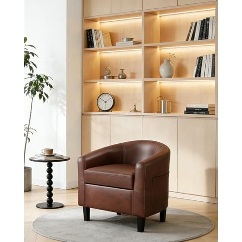 GarveeHome Accent Chair Faux Leather Barrel Chairs Club Armchair with Soft Seat for Living Room Bedroom Reading Waiting Room - Brown Brown Faux Leather