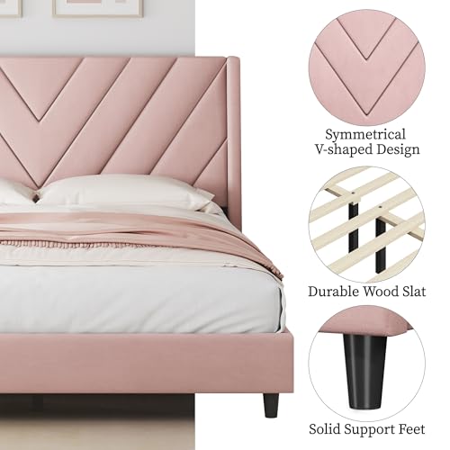 Yaheetech Queen Bed Frame Upholstered Platform Bed with Wing Side/Wooden Slat Support/Tufted Headboard with Wing Side/Mattress Foundation/No Box Spring Needed,Pink Queen Bed