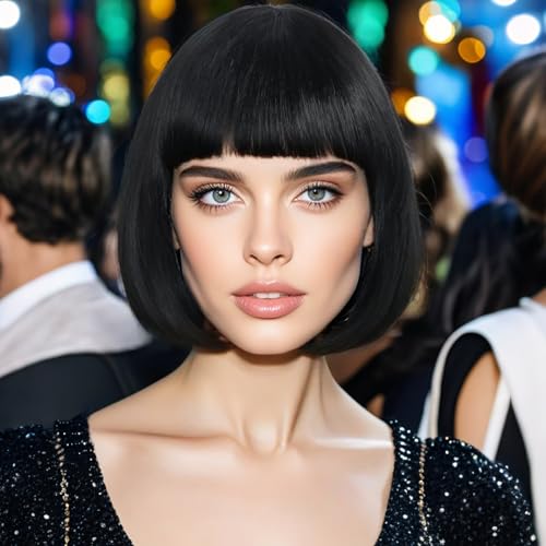 Image of ANOGOL Black Bob Wig with Bangs Short Black Wigs for Women Funny Costume | Hair Cap+ Sunglasses Short Neon Wig for Bachelorette Party Funny Wigs for Women Halloween Costume Night Club Crazy Hair Day