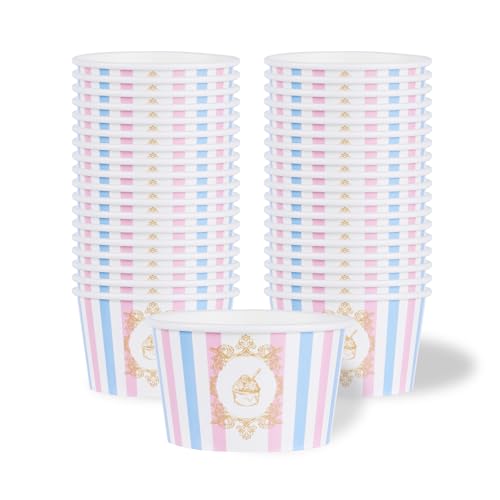 Image of Coppetta 8 Ounce Dessert Cups, 200 Greaseproof Ice Cream Cups - Lids Sold Separately, For Hot And Cold Foods, Pink And Blue Stripe Paper Yogurt Bowls, Disposable, Sturdy - Restaurantware