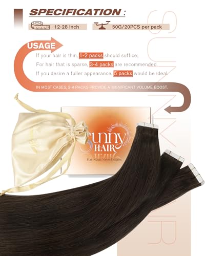 Sunny Hair Tape in Hair Extensions Real Human Hair Invisible Remy Hair Extensions Tape ins for Women Dark Brown 18 inch 20Pcs 50G