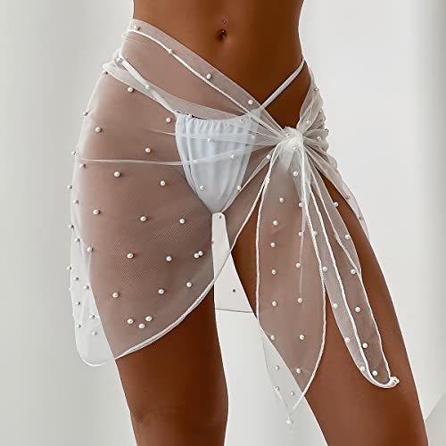 Image of GORGLITTER Women's Cover Up Sarong Wrap Skirt Bachelorette Outfits for Bride Sheer Mesh Bridal Swimsuit Pearl Bathing Suit