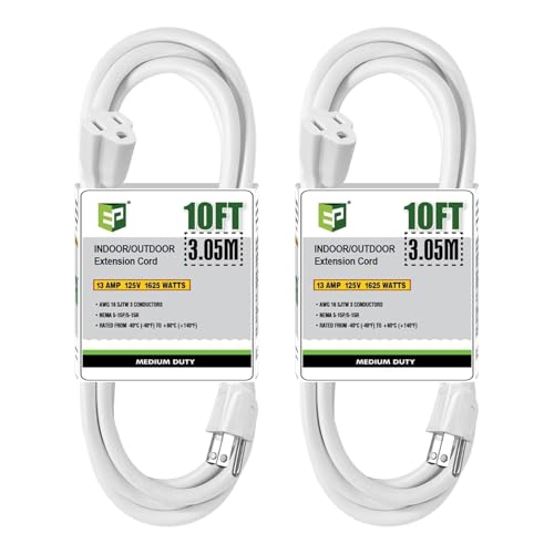Image of EP 10FT Outdoor Extension Cord, 16 /3 SJTW Heavy Duty White 2PK, ETL Listed
