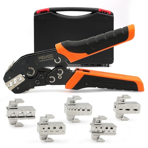 MGYOO Wire Crimping Tool Kit 7Pcs Ratchet Wire Crimper for Insulated Nylon Connector,Non-Insulated Butt Connectors Ring Terminals,Open Barrel Terminals,Solar Connectors - Crimp Tool with 6 Dies