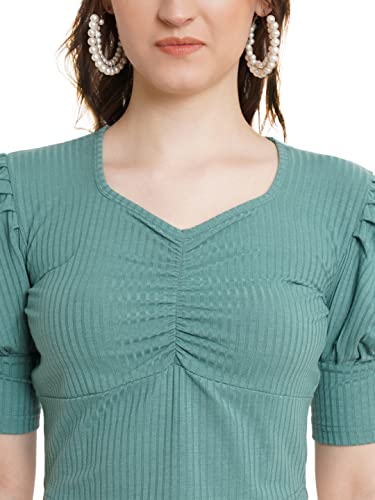 Image of POPWINGS Solid Ribbed Slim Fit Crop Tops for Women | Polycotton Stylish Western 3 /4 Puff Sleeves Casual and Summer Crop Tops for Women