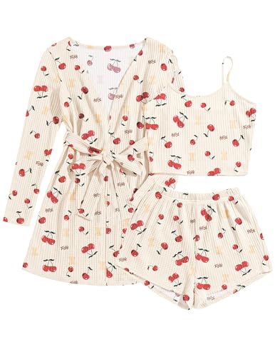 Image of Ekouaer Pajamas for Women Set 3 Piece Lounge Set Soft Pajama Sets Waffle Knit Tank Top and Shorts Cardigan with Pockets S-XXL