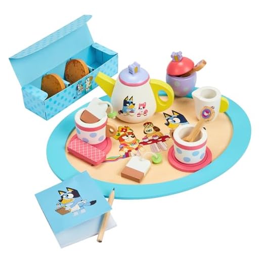 Bluey – Tea Party Set – Wooden 18-Piece Pretend Play Set with Tray, Teapot, Tea Cups, Biscuits, and Notepad for Children 3 Years and up – Imaginative Fun and Role-Playing, FSC Certified