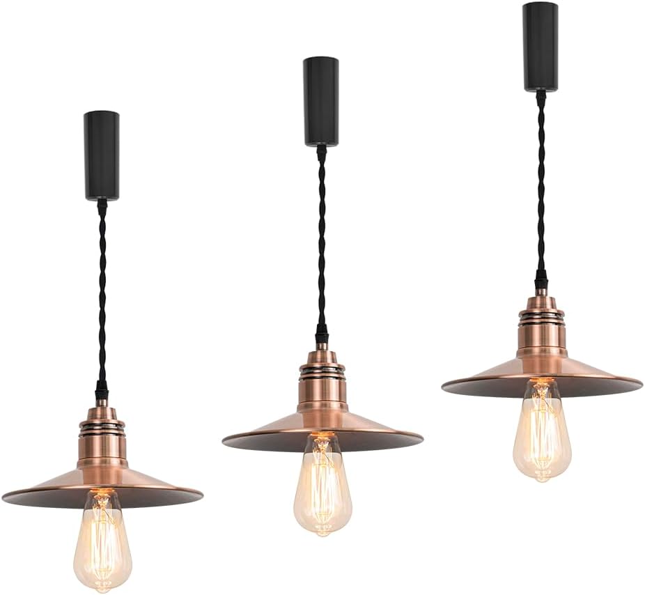 3-Pack Red Copper Metal Shade and Base Vintage Track Lamp Adjusted Cable J-Type Track Pendant Lighting for Kitchen Dining Room(No Bulb, Track)