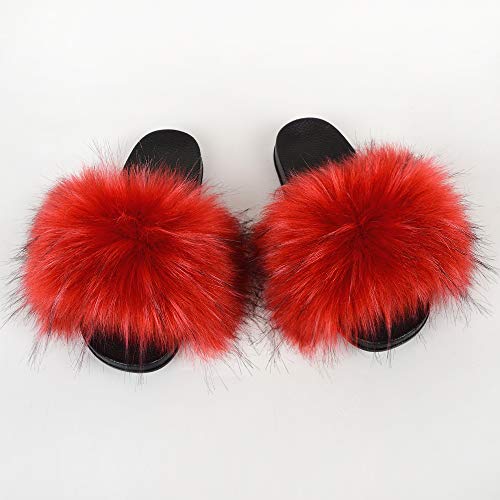 Women Faux Fur Slides Sandals Furry Fur Slippers Flip Flops Flat Sole Shoes2
