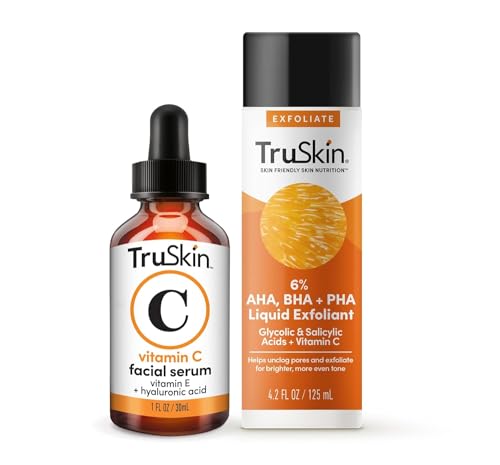 TruSkin Vitamin C Serum & Liquid Exfoliant Duo – Vitamin C Face Serum 1oz & AHA, BHA, PHA Liquid Exfoliant 4.2oz for Brighter, Smoother Skin – Even Skin Tone & Texture, Improve Fine Lines & Wrinkles