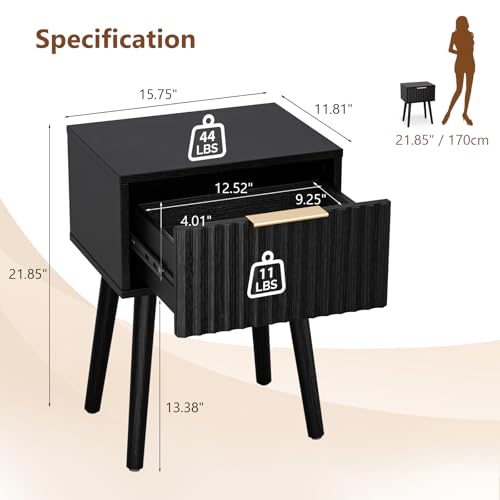 Image of VINGLI Night Stand Set 2, Fluted Nightstands with Drawer, Mid Century Modern Nightstands Set of 2, Bedside Table, End Table, Wood Nightstand for Bedroom, Black, 15.75 inch W*11.81 inch D*21.85 inch H