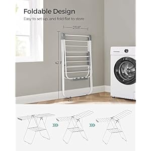 SONGMICS Clothes Drying Rack, with Sock Clips, Metal Laundry Rack, Foldable, Space-Saving, Free-Standing Airer, with 2 Height-Adjustable Gullwings, Indoor Outdoor Use, White and Gray ULLR052W02 SONGMICS Clothes Drying Rack with Sock Clips Metal Laundry Rack Foldable Space Saving Free Standing Airer with 2 Height Adjustable Gullwings Indoor Outdoor Use White and Gray ULLR052W02