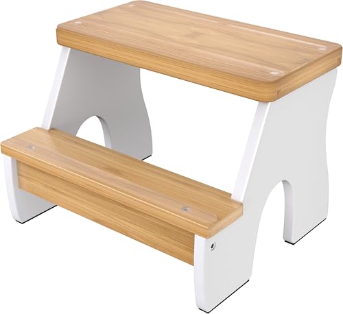 TomGear KST36 Wooden Step Stool - 250LBS Load, Non - Slip Water - Resistant Foot Stool for All Ages, Bathroom & Kitchen (White & Natural Wood, Two Step)