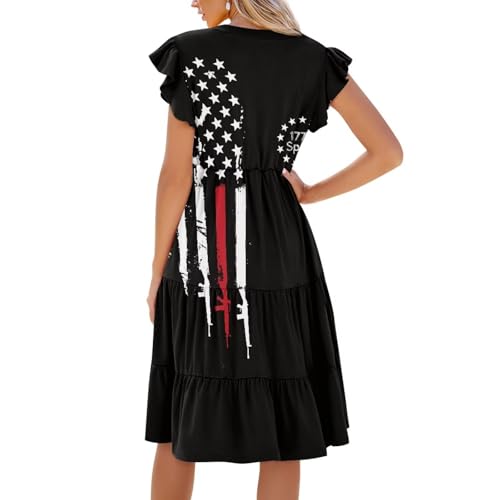 Image of Women's Casual Ruffle Sleeve Dress V Neck Pullover Dress Flowy A-Line Pleated Lightweight Dress with Pockets