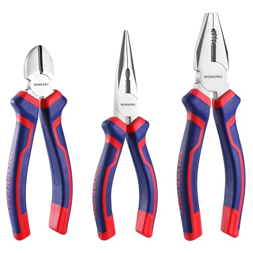 WORKPRO Jeu de 3 Pinces en Acier au Carbone de Qualité avec Poignée Souple, Pince à Bec Long 160mm, Pince Coupante 160mm, Pince Universelle 185mm pour...