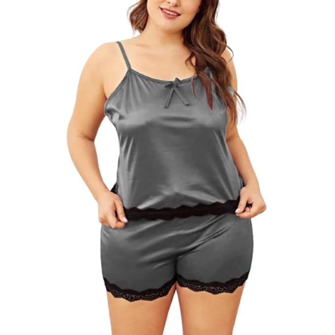 Chill Pookie Women’s Satin Camisole & Shorts Nightwear Set | Soft Sleepwear with Lace Trim | Lightweight Comfortable Night Dress for Women (1, Grey, XL)-picture-16