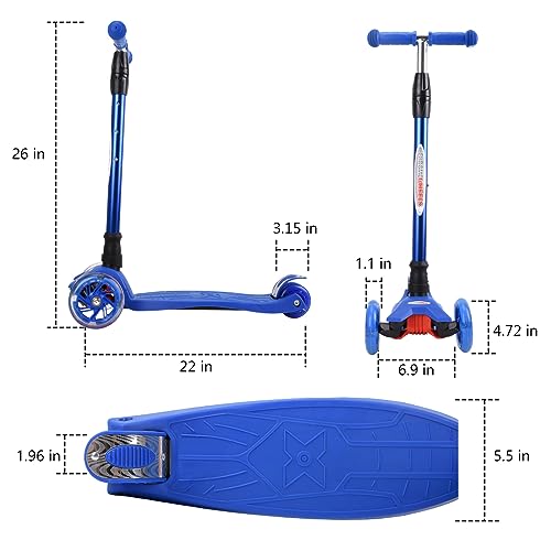 ChromeWheels Scooters for Kids, Deluxe 3 Wheels Kick Scooter 4 Adjustable Height 132lbs Weight Limit, Lean to Steer LED Light Up Wheel, Best Gifts for Girls Boys Ages 3-12 Years Old, Blue