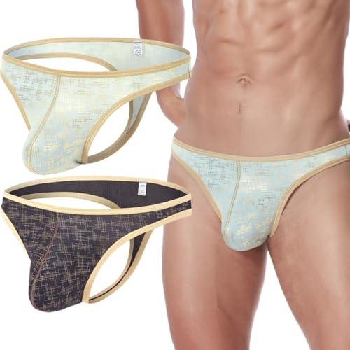 Men's Sexy Thong Bulge Enhancing Pouch Printing Stripe Underwear T Back Low Rise G-String
