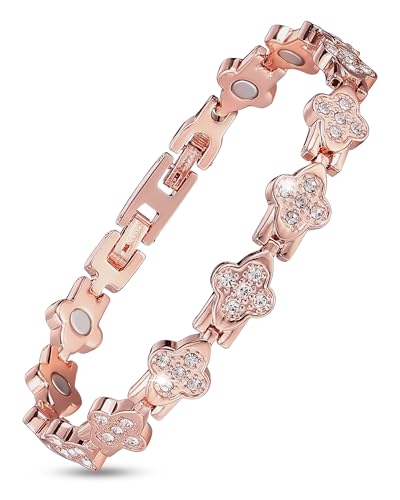 Image of BioMag 99.99% Copper Bracelets for Women, Magnetic Bracelet for Women with Lucky Clover Design, Adjustable Length with Sizing Tool in Gift Box (Rose Gold)
