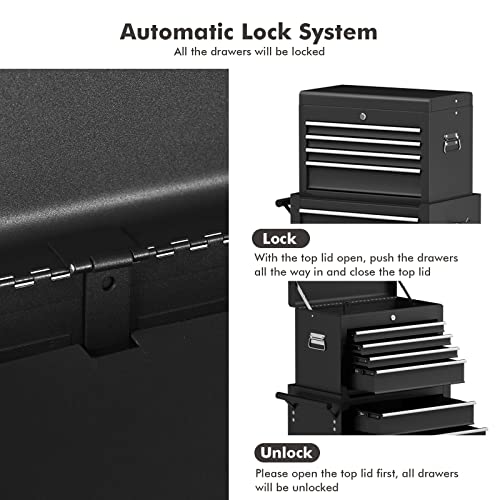 Goplus Rolling Tool Chest, 6-Drawer Tool Box Organizer W/Auto Locking System & Lockable Wheels & Sliding Drawers & Detachable Top, Tool Storage Cabinet For Garage Workshop, Black #TOP2