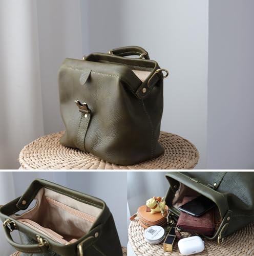 Image of Handmade Leather Doctor Bag for Women, Vintage Frame Satchel, Large Capacity Work Handbag, Soft Genuine Leather Shoulder Tote