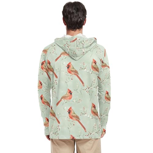 Aesthetic Northern Red Birds Sage Green Mens Sun Hoodies Shirts Long Sleeve Beach Hoodies UPF 50 + Beach Shirt S3