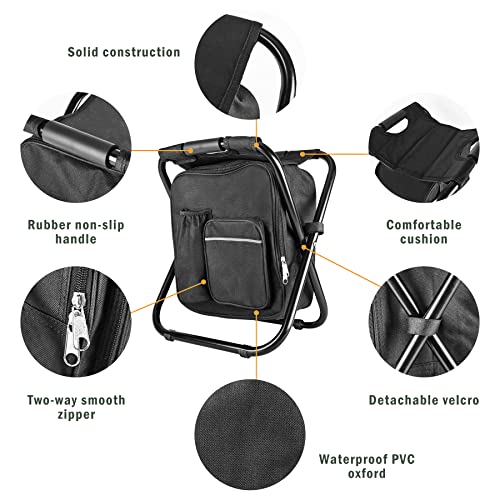 Kikerike Backpack Stool Cooler Chair Heavy Duty 400 Lbs Max Load Portable Lightweight Stool Backpack Folding Fishing Cooler Stool For Camping Hunting Fishing - Black #TOP4
