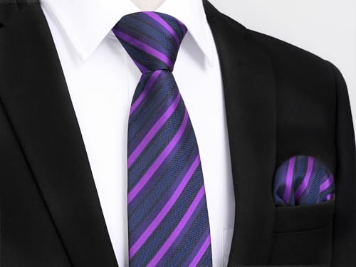 Image of HISDERN Ties for Men Stripe Plaid Tie Classic Necktie Pocket Square Cufflinks Set for Formal Wedding Business Party