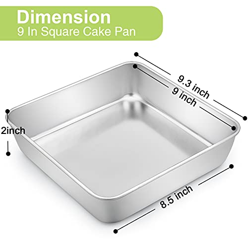 Teamfar Square Cake Pan, 9 Inch Stainless Steel Square Baking Roasting Pan For Cake Brownie Lasagna, Non-Toxic & Heavy Duty, One Piece Design & Smooth, Dishwasher Safe & Easy Clean #TOP1