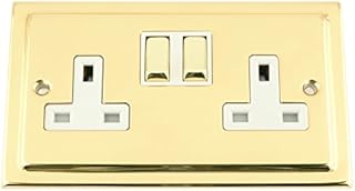 Wall Socket 2 Gang - Victorian Polished Brass - White Insert - Metal Rocker Switch - 13A Double Plug Socket