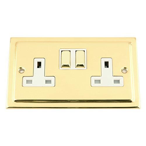 Wall Socket 2 Gang - Victorian Polished Brass - White Insert - Metal Rocker Switch - 13A Double Plug Socket