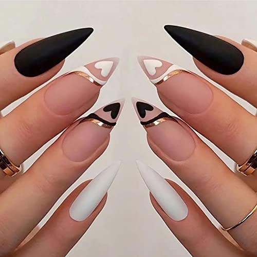 24 Pcs Almond Press On Nails Medium Length Fake Nails Gold Lines Design Ballet French Tip Black White Heart Glue On Nails Artificial Acrylic False Nails For Women And Girls #TOP14