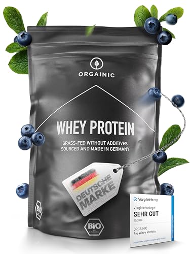 ORGAINIC Proteína de Suero de Leche - Aroma Natural - Con Aminoácidos Esenciales, No Esenciales y BCAA para Ganar y Aumentar Masa Muscular - Procesado en Frío, Sin GMO - Bolsa 1000g, Arándano