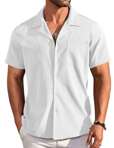 COOFANDY Mens Short Sleeved Shirts Button Down Casual Summer Beach Fashion Textured Vacation Hawaiian Shirts Tops White L