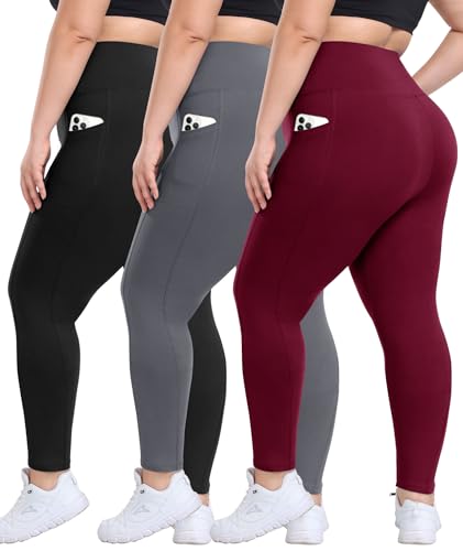 3 Pack Plus Size Leggings with Pockets for Women - High Waisted Tummy Control Spandex Soft Black Workout Yoga Pants