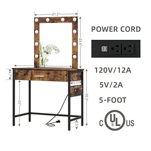 Irontar Makeup Vanity Table With Charging Station And Usb Ports & Power Outlets, Vanity Desk With Lighted Mirror For Mother's Day, 10 Led Blubs & Adjustable Brightness, 1 Drawer, Rustic Brown Wdt001Be #TOP1