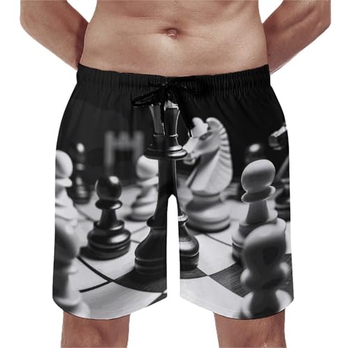 Mens Shorts Black and White Chess Men Swim Trunks Quick-Dry Beach Shorts with Drawstring Pocket Bathing Suit