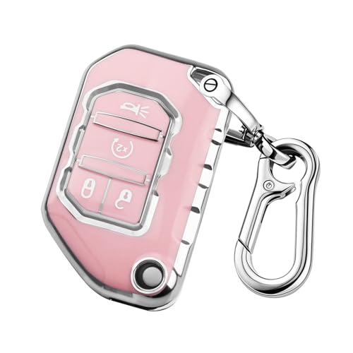 QBUC for Jeep Key Fob Cover Key Case Protector with Keychain Fit for Jeep Wrangler JLU JL Gladiator Rubicon JT Car Flip Key (light pink)