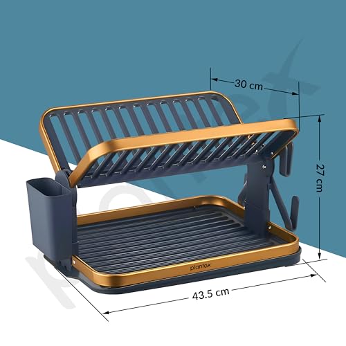 Image of Plantex Kitchen Storage Rack /Aluminium Fold Flat Dish Drying Rack with Drainboard /2-Tier Kitchen Organiser Rack - (Gold & Grey)