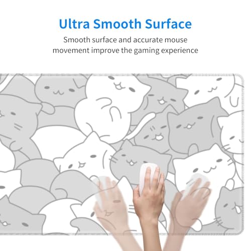 Image of White Kawaii Cats E-Sport Mouse Pad Large Desk Mat Non-Slip Rubber Base Stitched Edge Keyboard Mouse Pad for Office Home E-Sport Computer Laptop, 31.5x11.8 Inches