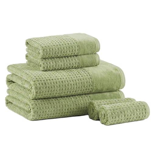 Madison Park Spa Waffle 100% Cotton Luxurious Towel Set, Premium Texture Waffle Weave, Highly Absorbent, Quick Dry, Hotel & Spa Quality Wash Clothes for Bathroom, Assorted Sizes, Sage Green 6 Piece