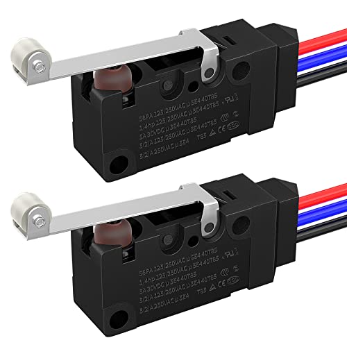 Joinfworld Waterproof Micro Limit Switch with Long Straight Hinge Lever SPDT 3 PIN Pre-Wired 10A 125 250V Micorswitch for Arduino, Appliance and Electronic - 2Sets