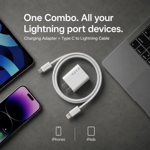 Image of 20W PD Fast Charger Adapter for iPhone 14 /13 /12 /11 Series | Type C Wall Adapter + Type C to Lightning Nylon Cable | BIS Certified|1 Year Warranty| White