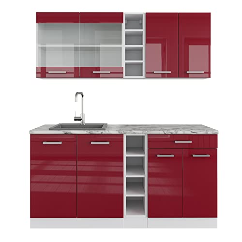 Vicco Singleküche R-Line, Rot Hochglanz/Weiß, 160 cm, AP Marmor