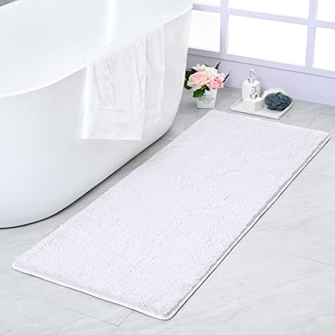 Noahas White Long Bathroom Rugs Runner 24''x60'',Absorbent Bath Mats for Bathroom Non-Slip,Washable Carpet,Soft Plush Chenille Shower Mats for Bathroom,Shaggy Durable Bath Rugs with Rubber Backing Cover