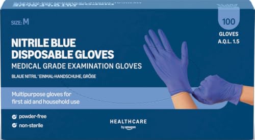 by Amazon Guantes Desechables de Nitrilo Azules, sin Polvo, sin Látex, Talla M, Paquete de 100